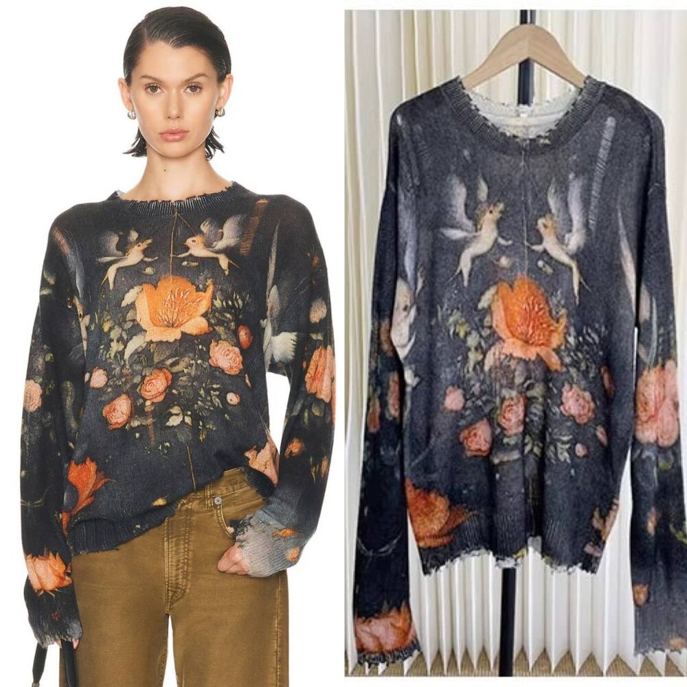 R13 NWOT Oversize Distressed Floral Sweater